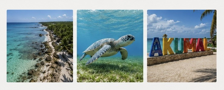 Akumal beach, sea turtle, and Akumal sign collage